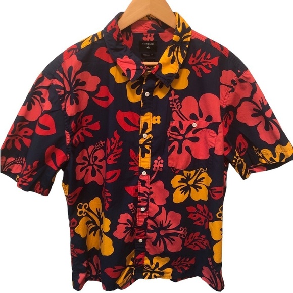 Quiksilver Mens Colorful Button Down Hawaiian SS Shirt Sz XL Red Navy Orange - Picture 1 of 7